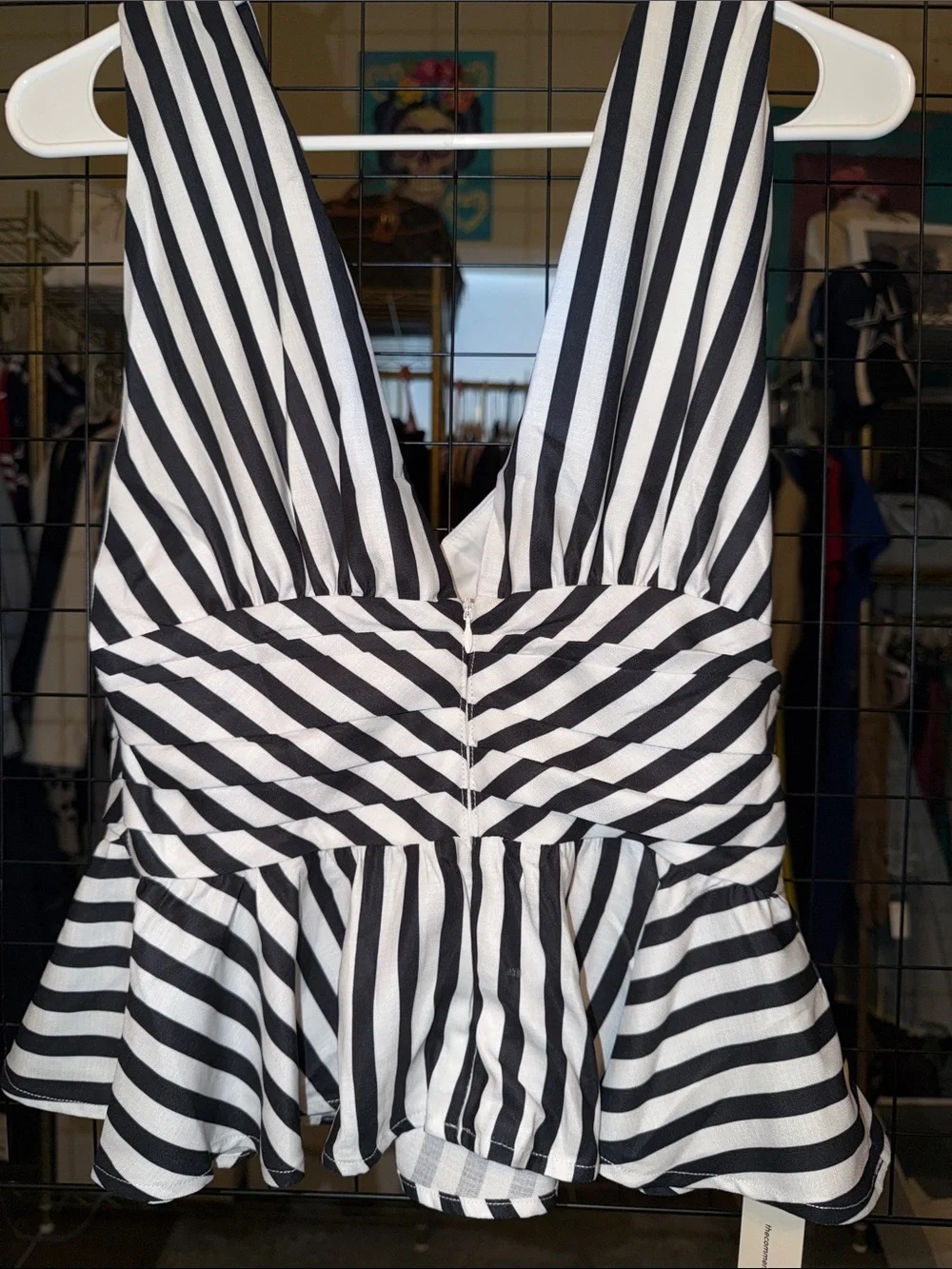 Commense Black and White Striped One-Piece Swim with Peplum